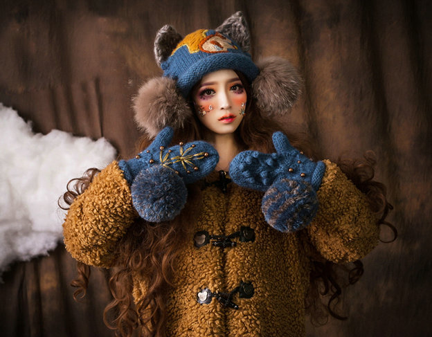 Cute Embroidered Squirrel Wool Beanies Caps Winter Warm Cat Ears Knitted Fur Ball Hats - Blue