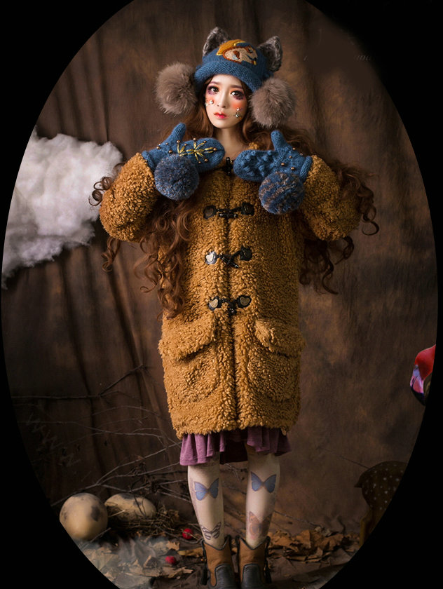 Cute Embroidered Squirrel Wool Beanies Caps Winter Warm Cat Ears Knitted Fur Ball Hats - Blue