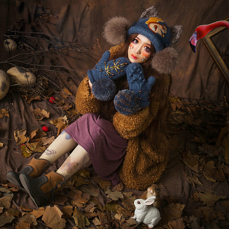 Cute Embroidered Squirrel Wool Beanies Caps Winter Warm Cat Ears Knitted Fur Ball Hats - Blue