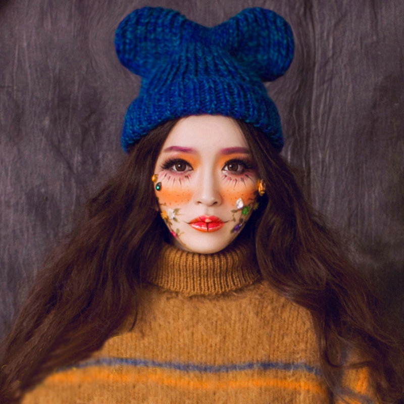 Cute Girls Bear Ears Flanging Knitted Wool Hats Winter Warm Thicken Beanies Caps - Blue