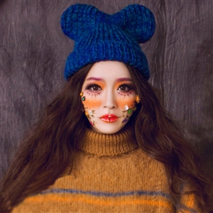 Cute Girls Bear Ears Flanging Knitted Wool Hats Winter Warm Thicken Beanies Caps - Blue