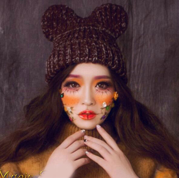 Cute Girls Bear Ears Flanging Knitted Wool Hats Winter Warm Thicken Beanies Caps - Coffee