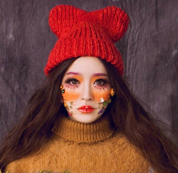 Cute Girls Bear Ears Flanging Knitted Wool Hats Winter Warm Thicken Beanies Caps - Red