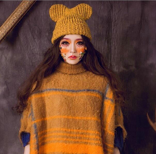 Cute Girls Bear Ears Flanging Knitted Wool Hats Winter Warm Thicken Beanies Caps - Yellow