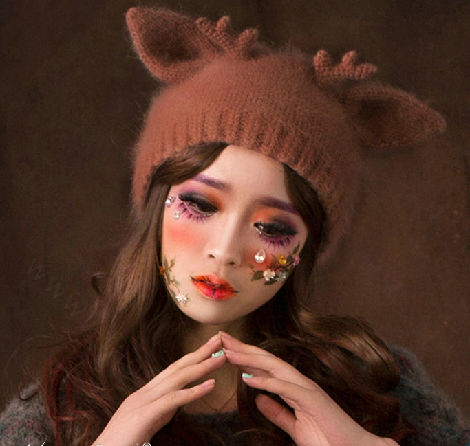 Cute Girls Cat Ears Antlers Knitted Wool Hats Winter Warm Rabbit Fur Beanies Caps - Brown