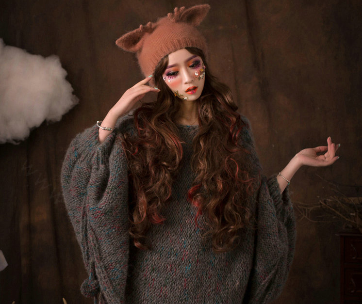 Cute Girls Cat Ears Antlers Knitted Wool Hats Winter Warm Rabbit Fur Beanies Caps - Brown