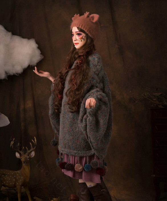 Cute Girls Cat Ears Antlers Knitted Wool Hats Winter Warm Rabbit Fur Beanies Caps - Brown