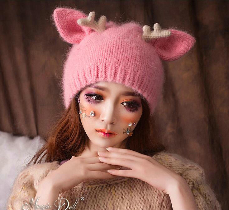 Cute Girls Cat Ears Antlers Knitted Wool Hats Winter Warm Rabbit Fur Beanies Caps - Pink