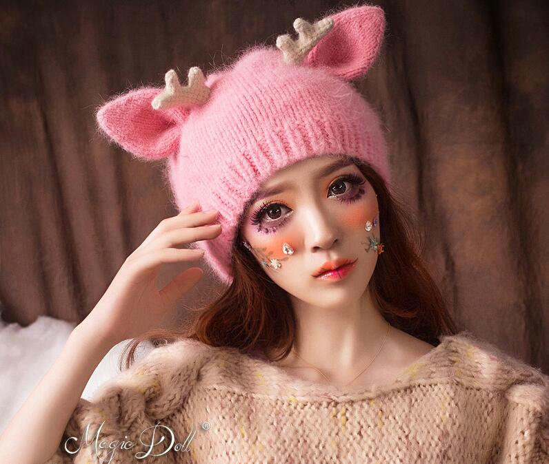 Cute Girls Cat Ears Antlers Knitted Wool Hats Winter Warm Rabbit Fur Beanies Caps - Pink