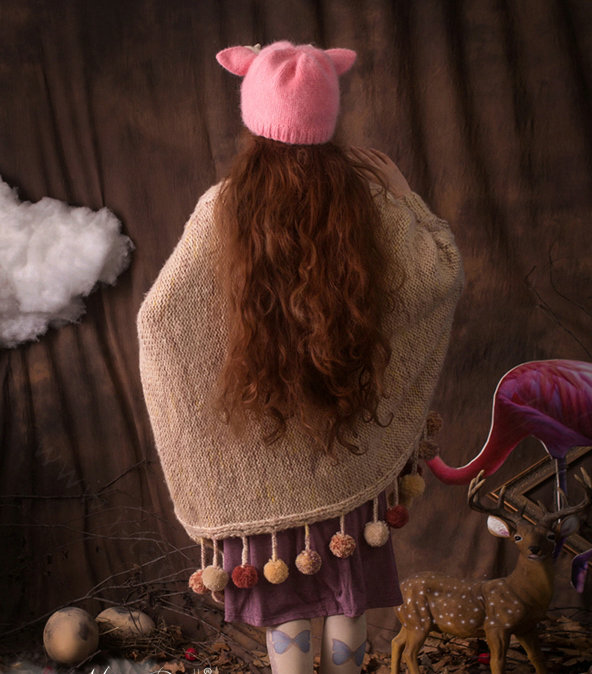 Cute Girls Cat Ears Antlers Knitted Wool Hats Winter Warm Rabbit Fur Beanies Caps - Pink