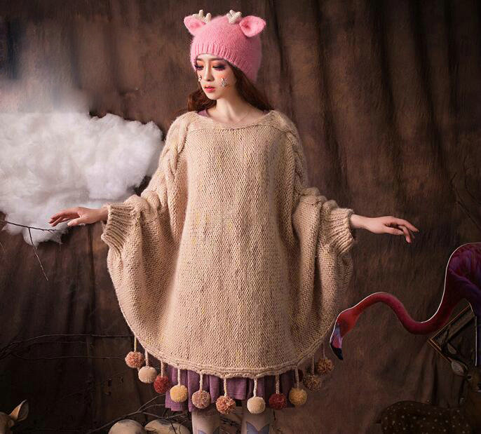 Cute Girls Cat Ears Antlers Knitted Wool Hats Winter Warm Rabbit Fur Beanies Caps - Pink