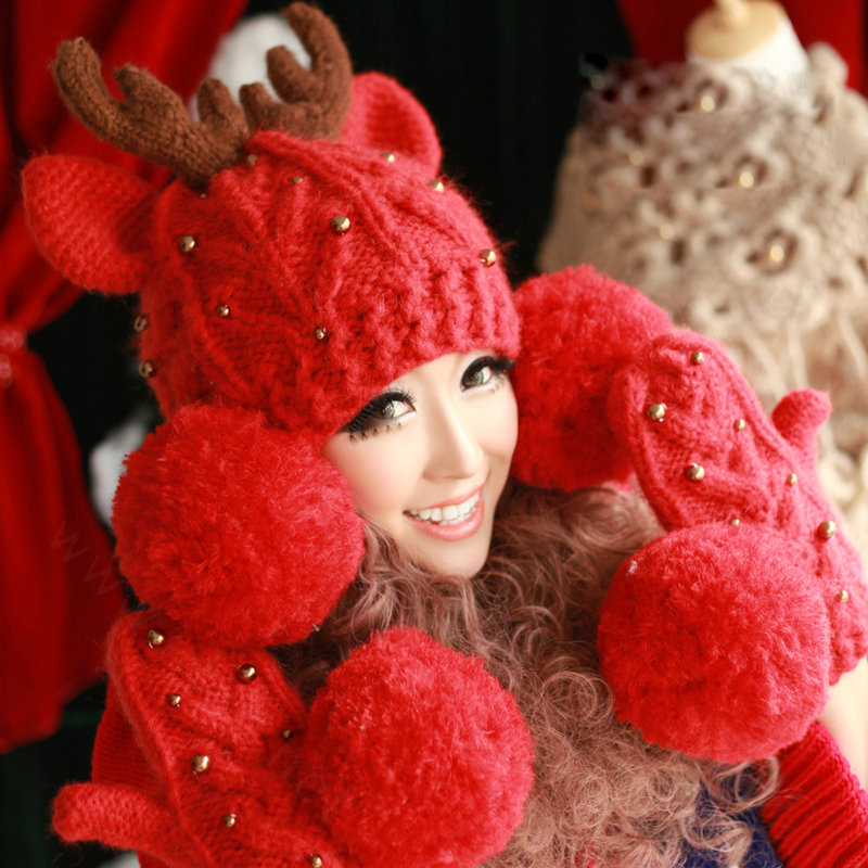 Cute Little Elk Antlers Knitted Wool Beanies Caps Winter Warm Devil Ears Fur Ball Hats - Red