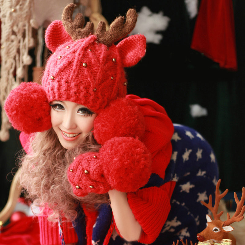 Cute Little Elk Antlers Knitted Wool Beanies Caps Winter Warm Devil Ears Fur Ball Hats - Red