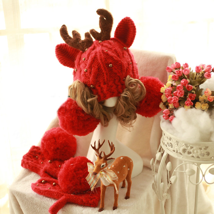 Cute Little Elk Antlers Knitted Wool Beanies Caps Winter Warm Devil Ears Fur Ball Hats - Red