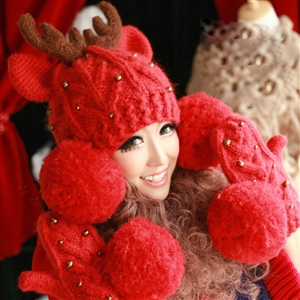 Cute Little Elk Antlers Knitted Wool Beanies Caps Winter Warm Devil Ears Fur Ball Hats - Red