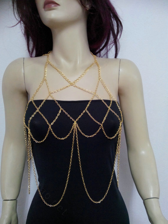 Delicate Alloy Body Chain Mesh Bra Slave Harness Dress Decor Necklace Jewelry - Gold
