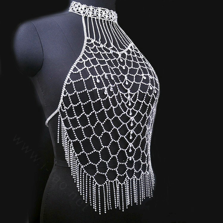 Diamonds Full Body Chain Shoulder Necklace Bikini Harness Showgirl Decor Jewellry - Silver