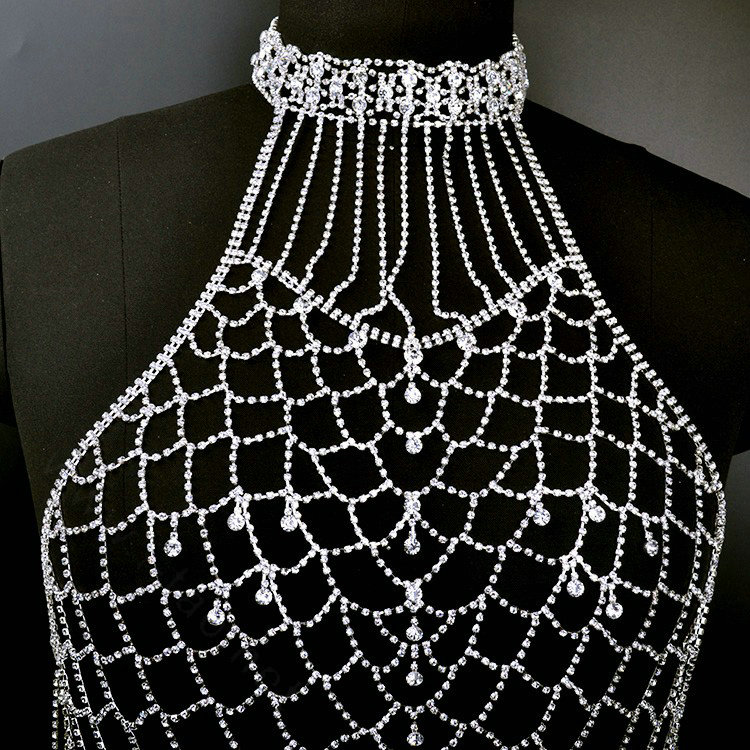 Diamonds Full Body Chain Shoulder Necklace Bikini Harness Showgirl Decor Jewellry - Silver