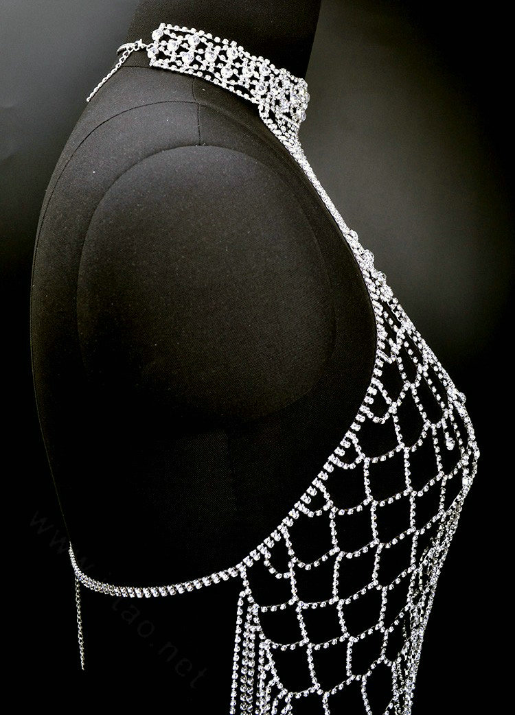 Diamonds Full Body Chain Shoulder Necklace Bikini Harness Showgirl Decor Jewellry - Silver