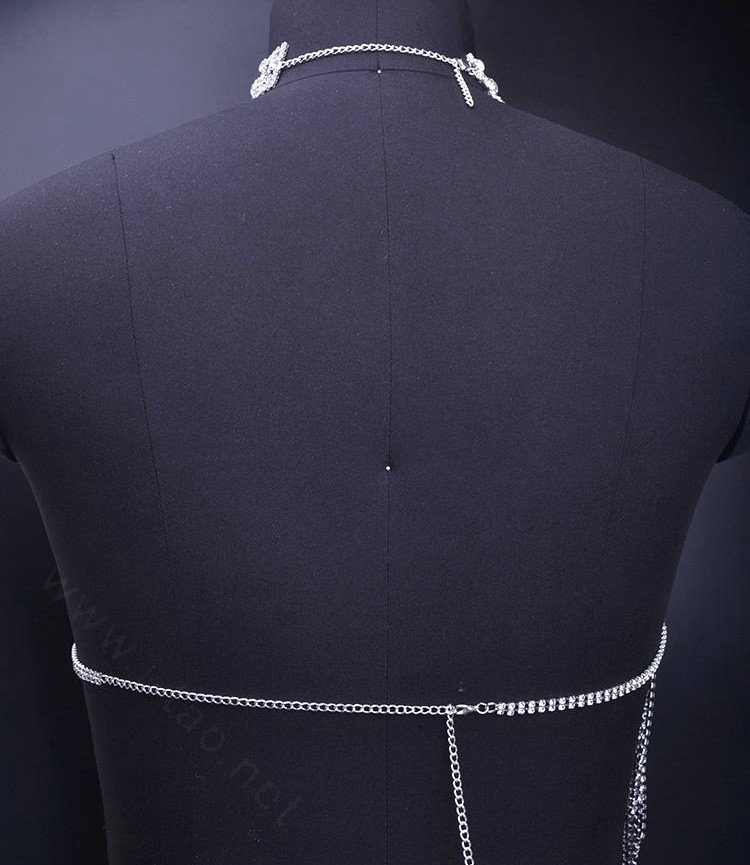 Diamonds Full Body Chain Shoulder Necklace Bikini Harness Showgirl Decor Jewellry - Silver