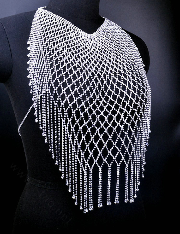 Diamonds Tassel Full Body Chain Necklace Bikini Harness Showgirl Decor Jewelry - Silver