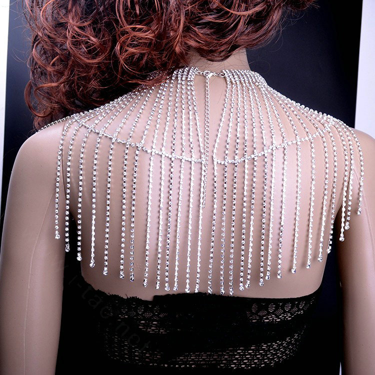 Elegant Bridal Rhinestone Tassel Shoulder Chain Necklace Dress Decor Jewellry - Silver