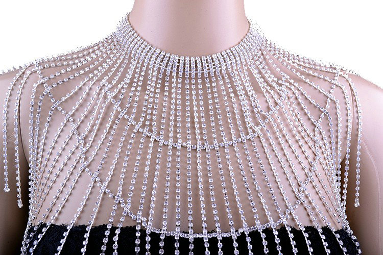 Elegant Bridal Rhinestone Tassel Shoulder Chain Necklace Dress Decor Jewellry - Silver