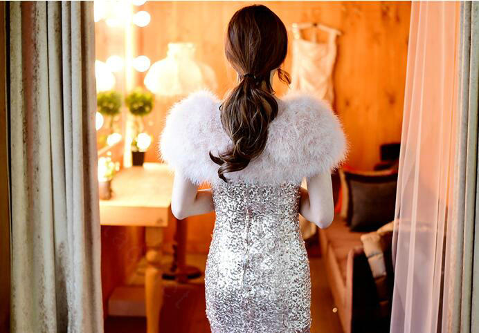 Elegant Real Ostrich Fur Bridal Wedding Shawls Women Winter Warm Wraps Cape - Light Pink