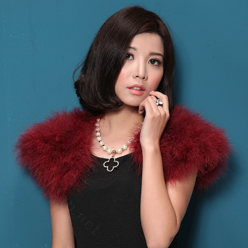Elegant Real Ostrich Fur Bridal Wedding Shawls Women Winter Warm Wraps Cape - Wine Red