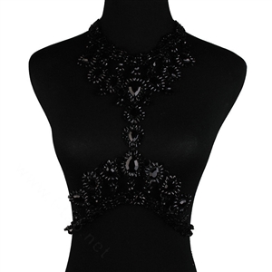 Elegant Women Crown Crystal Pendant Necklace Evening Party Dress Decro Body Chain - Black