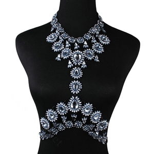 Elegant Women Crown Crystal Pendant Necklace Evening Party Dress Decro Body Chain - Blue