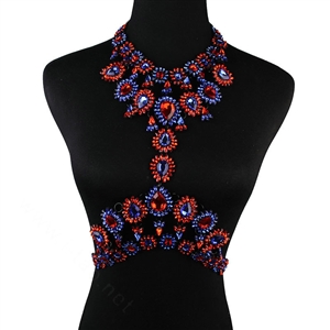 Elegant Women Crown Crystal Pendant Necklace Evening Party Dress Decro Body Chain - Red Blue
