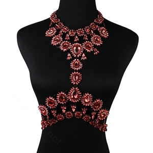 Elegant Women Crown Crystal Pendant Necklace Evening Party Dress Decro Body Chain - Red