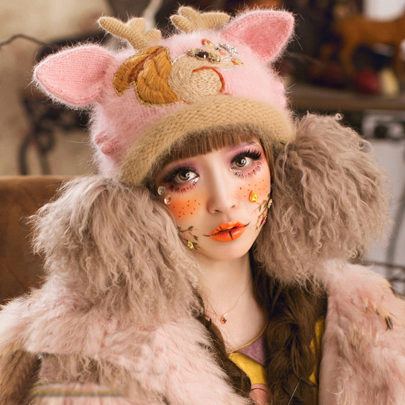 Embroidered Antlers Cat Ears Knitted Wool Beanies Caps Warm Rabbit Fur Ball Hats - Pink