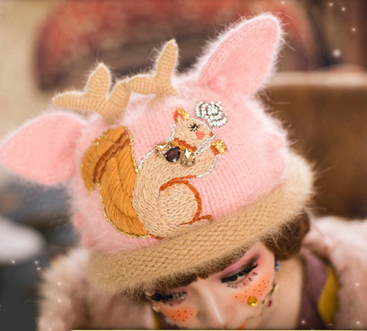 Embroidered Antlers Cat Ears Knitted Wool Beanies Caps Warm Rabbit Fur Ball Hats - Pink