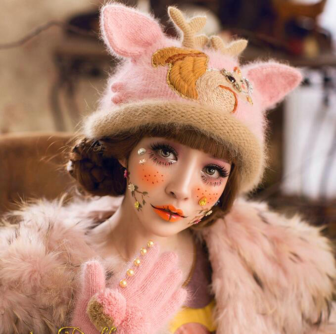 Embroidered Antlers Cat Ears Knitted Wool Beanies Caps Winter Warm Rabbit Fur Hats - Pink