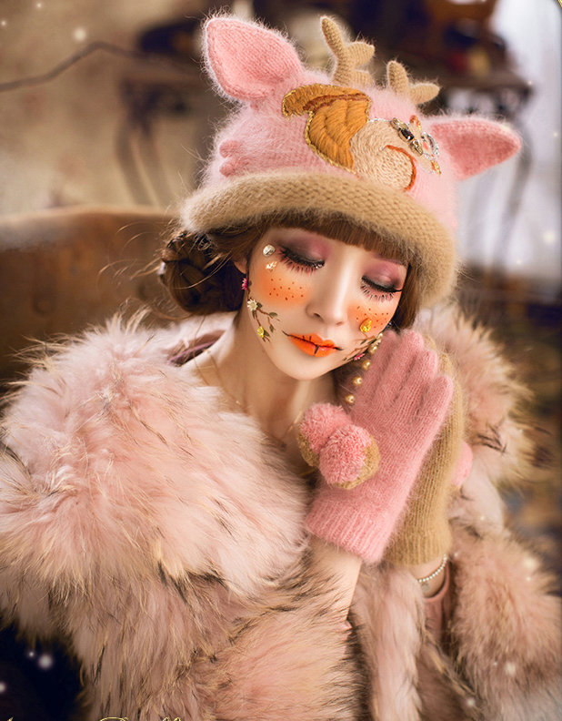 Embroidered Antlers Cat Ears Knitted Wool Beanies Caps Winter Warm Rabbit Fur Hats - Pink
