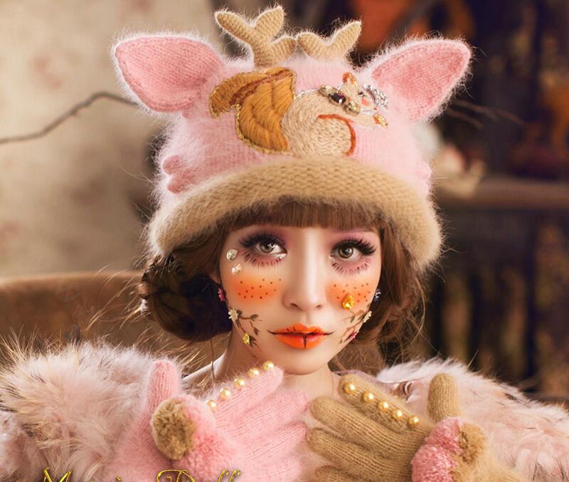 Embroidered Antlers Cat Ears Knitted Wool Beanies Caps Winter Warm Rabbit Fur Hats - Pink
