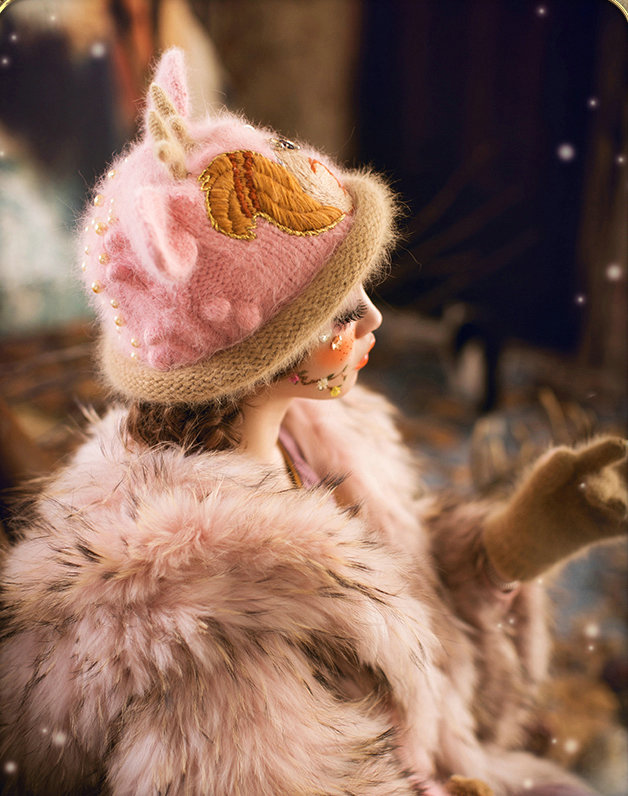 Embroidered Antlers Cat Ears Knitted Wool Beanies Caps Winter Warm Rabbit Fur Hats - Pink