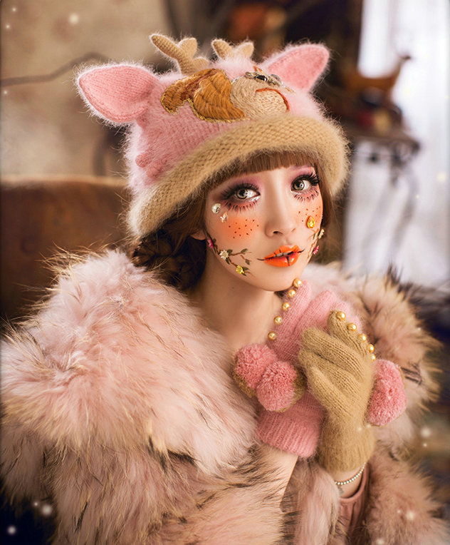 Embroidered Antlers Cat Ears Knitted Wool Beanies Caps Winter Warm Rabbit Fur Hats - Pink