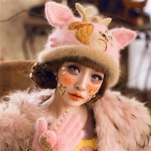 Embroidered Antlers Cat Ears Knitted Wool Beanies Caps Winter Warm Rabbit Fur Hats - Pink