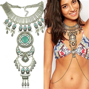 Exaggerate National Style Semi Precious Stones Body Chains Harness Necklace Jewelry - Gold