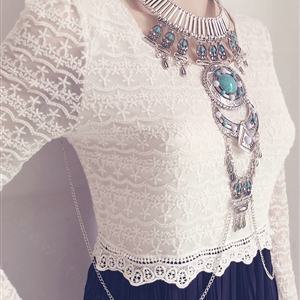 Exaggerate National Style Semi Precious Stones Body Chains Harness Necklace Jewelry - Sliver