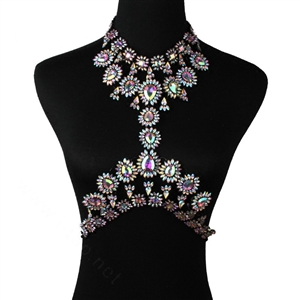 Exaggerate Rhinestone Flower Collar Pendant Necklace Bikini Showgirl Body Chain Jewelry - Colorful