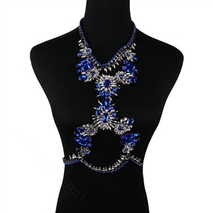 Exaggerate Rhinestone Long Pendant Necklace Bikini Beach Belly Body Chains Jewelry - Blue