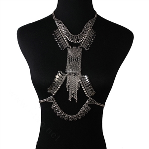 Exaggerate Rhinestone Retro Tassel Pendant Necklace Bikini Showgirl Body Chains Jewelry - Sliver