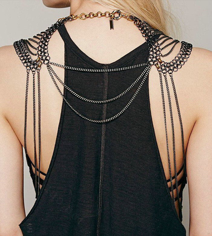 Fashion Alloy Multi Layer Body Chain Punk Slave Harness Shoulder Necklace Jewelry - Gun Black
