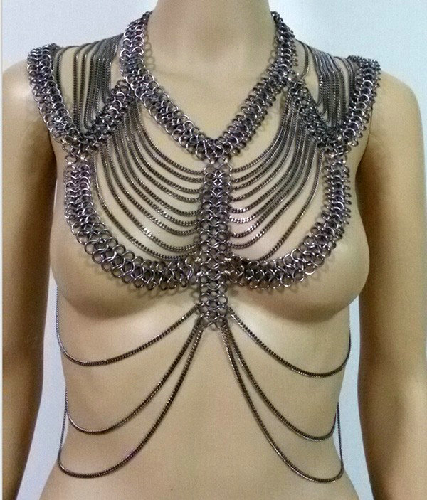 Fashion Alloy Multi Layer Body Chain Punk Slave Harness Shoulder Necklace Jewelry - Gun Black