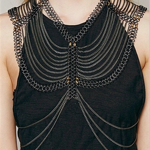 Fashion Alloy Multi Layer Body Chain Punk Slave Harness Shoulder Necklace Jewelry - Gun Black
