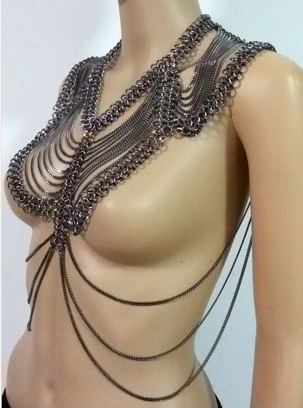 Fashion Alloy Multi Layer Body Chain Punk Slave Harness Shoulder Necklace Jewelry - Sliver